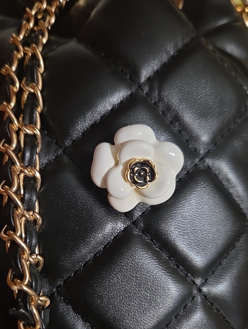 Black Quilted Bucket Bag with Floral Pins - Picture 14 of 14